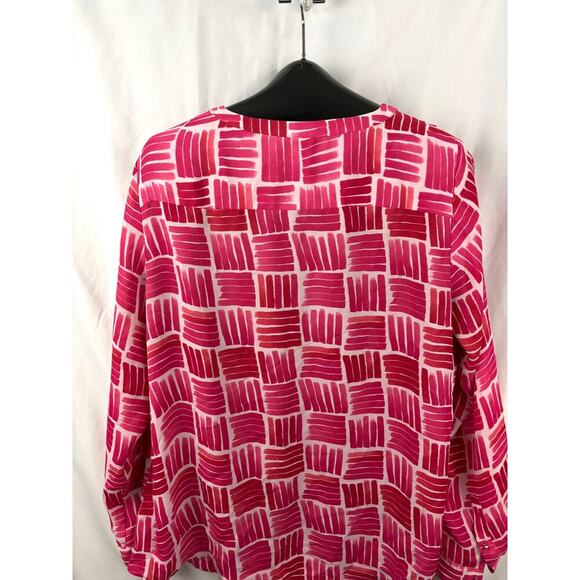 Liz Claiborne Women's Sheer Blouse XL Red Pink White V-Neck Pullover Pattern - Picture 10 of 10